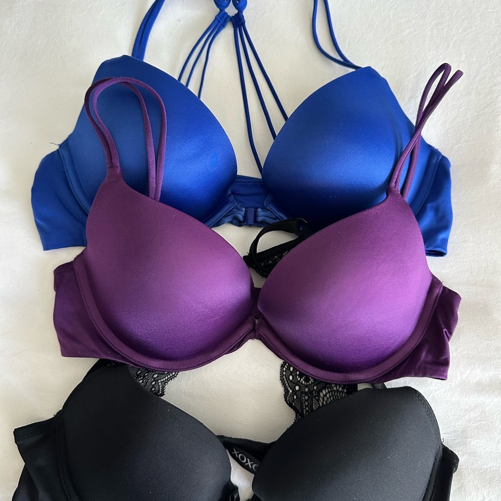 Blue, Purple, and Black Bra Trio